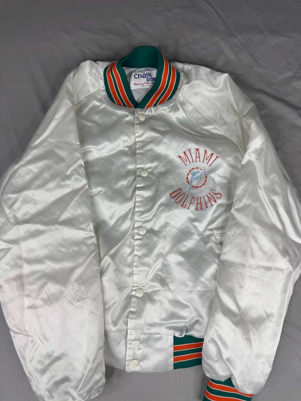 Chalk Line Miami Dolphins Satin Bomber Jacket Size S White NFL